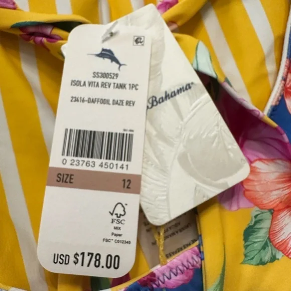 Tommy Bahama Daffodil Striped One-Piece Swimsuit reversible size 12 - Picture 5 of 5